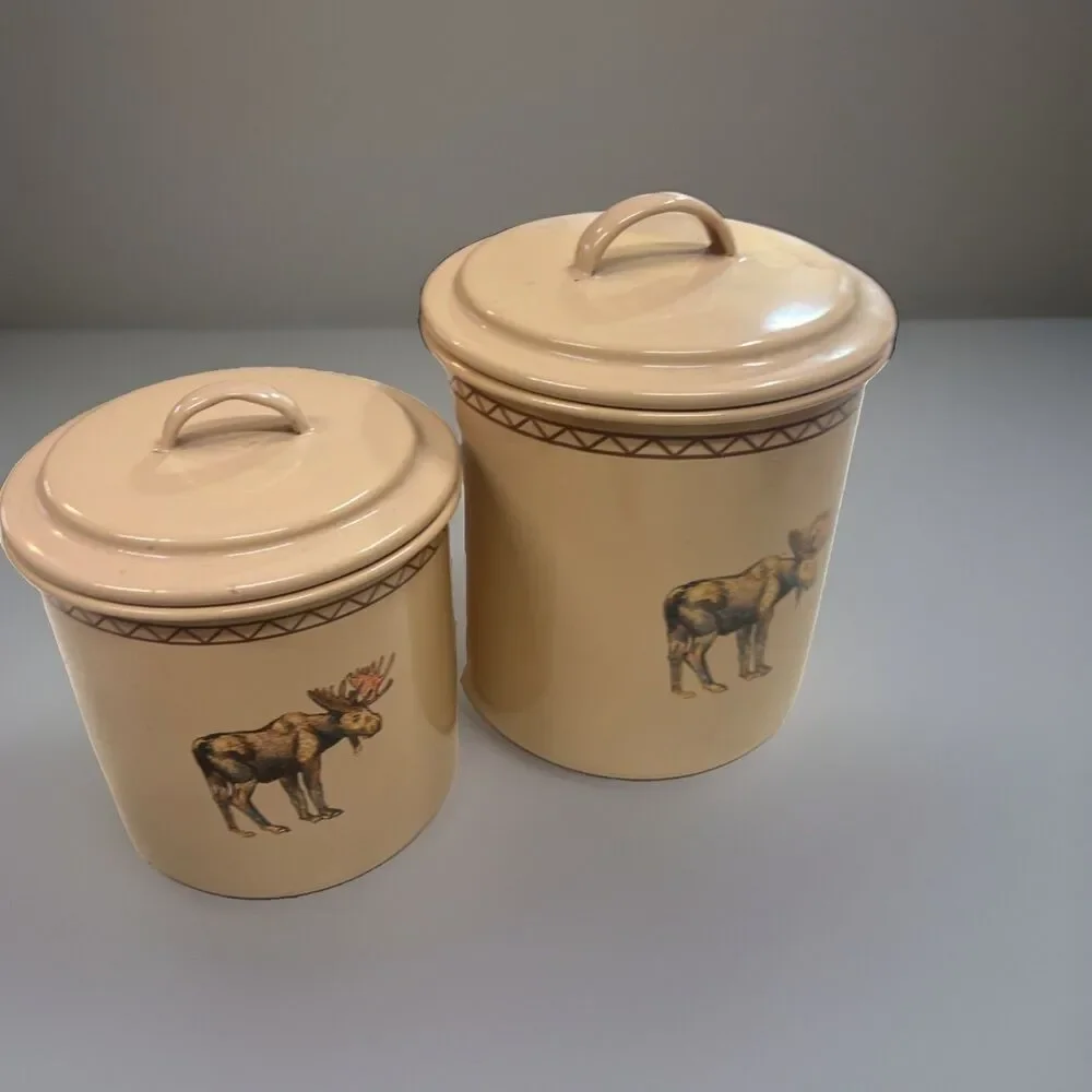 Marble Canyon Enamelware Moose Canisters  Set of 2 Cream Beige Vintage Style